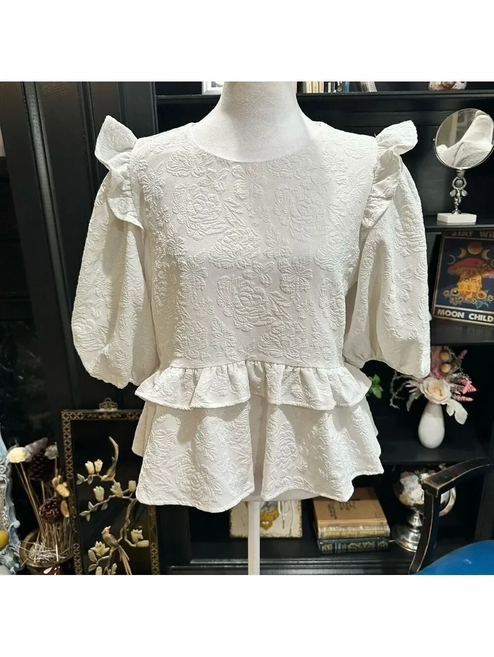 Anthropologies Free the Roses White Rose Tiered Blouse Size M